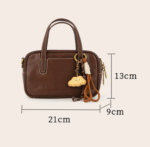Mini Size Coffee Brown Vintage Genuine Split Leather Bowling Bag for Women - Retro Top Handle Satchel & Crossbody Purse - Image 3