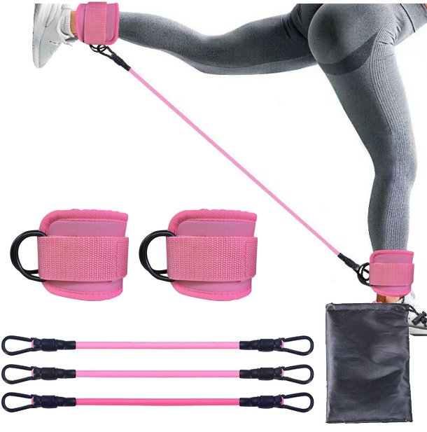 V888-ELOSUNG38117-202510140940-00 Pink Silver Snap Resistance Bands Set with Ankle Straps for Glute Kickbacks & Leg Workouts (10-30lbs) - Image 1