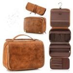 Brown Large Hanging Toiletry Bag Waterproof Leather Travel Organiser 4 Compartment Cosmetic Case with Swivel Hook Ideal for Holidays