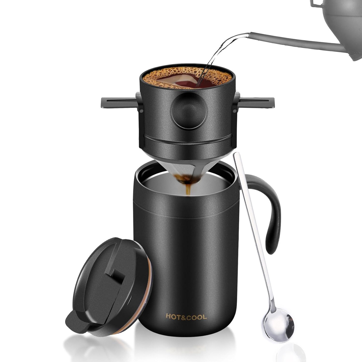 V888-ELOSUNG38569-202512041655-00 Black Portable Pour Over Coffee Maker Set Stainless Steel Insulated Travel Mug with Collapsible Reusable Dripper Filter for Camping Office and Home - Image 1