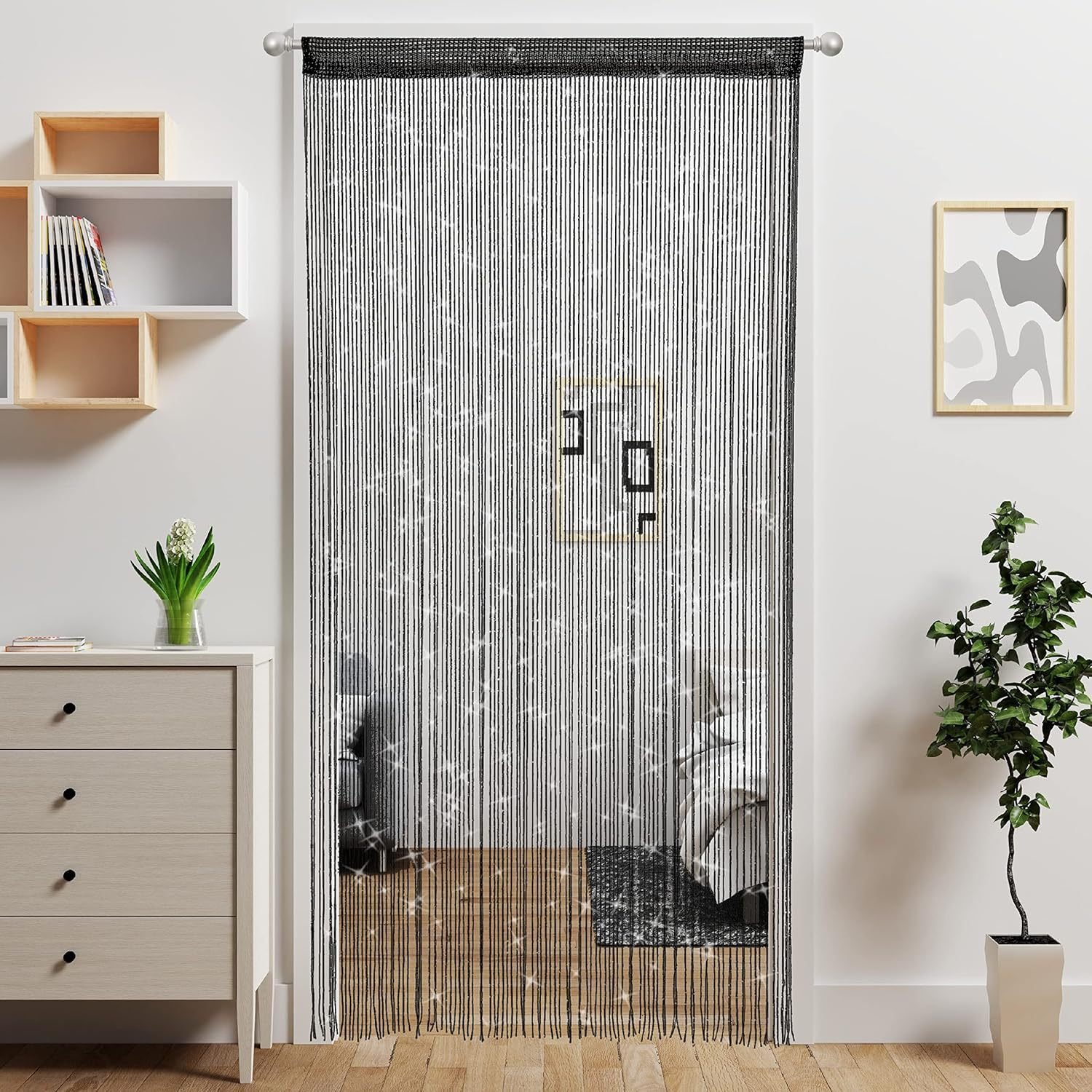 V888-ELOSUNG38781-202601050955-00 Black 2 Pack Sparkle String Door Curtains 100x200cm Glitter Sequin Tassel Room Divider for Australian Home Decor and Parties - Image 1