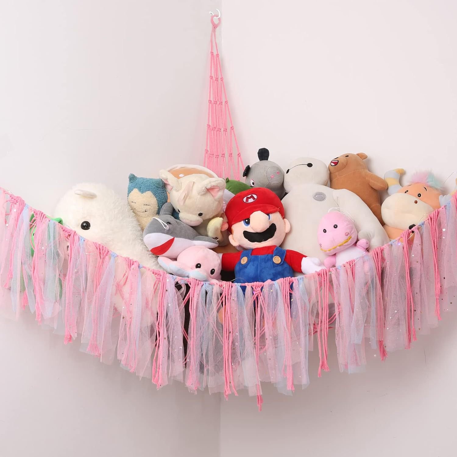 V888-ELOSUNG39454-202510311335-00 Pink Corner Plush Toy Organizer (100x100x150cm) with Ribbon Accent & Installation Kit - Handwoven Cotton Mesh Toy Storage Hammock - Image 1