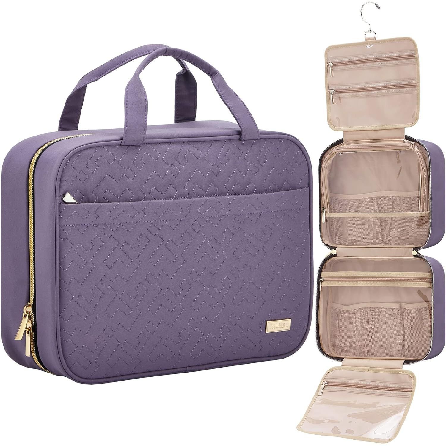 V888-ELOSUNG39469-202510311535-00 Purple Large Capacity Hanging Toiletry Bag for Women(30.5 x 22.5 x 12 cm) - Checked Pattern Waterproof Cosmetic Organizer, Dry/Wet Separation & Multi-Compartment - Image 1
