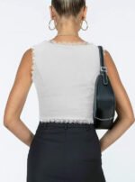 2-Pack White French Vintage Lace Splice Camisole(M Size) - Slim Fit Halter Top with Back Detail and Button Placket - Image 3