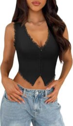 2-Pack Black French Vintage Lace Splice Camisole(S Size) - Slim Fit Halter Top with Back Detail and Button Placket