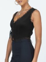 2-Pack Black French Vintage Lace Splice Camisole(L Size) - Slim Fit Halter Top with Back Detail and Button Placket - Image 3