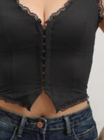 2-Pack Black French Vintage Lace Splice Camisole(2XL Size) - Slim Fit Halter Top with Back Detail and Button Placket - Image 2