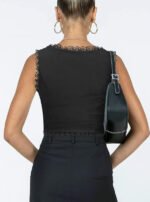 2-Pack Black French Vintage Lace Splice Camisole(2XL Size) - Slim Fit Halter Top with Back Detail and Button Placket - Image 4