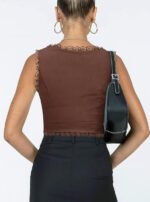 2-Pack Brown French Vintage Lace Splice Camisole(M Size) - Slim Fit Halter Top with Back Detail and Button Placket - Image 2