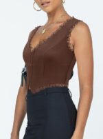2-Pack Brown French Vintage Lace Splice Camisole(M Size) - Slim Fit Halter Top with Back Detail and Button Placket - Image 4
