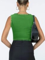 2-Pack Green French Vintage Lace Splice Camisole(S Size) - Slim Fit Halter Top with Back Detail and Button Placket - Image 2