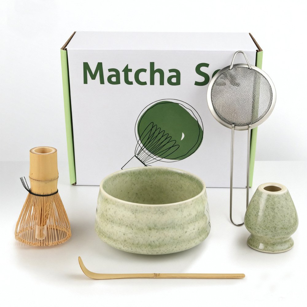 V888-ELOSUNG39600-202511071040-00 Matcha Color Ceremony 5-Piece Matcha Ceramic Tool Set - Gift Box with Whisk (Chasen), Whisk Holder (Chasen Kuse-Naoshi), Bowl, Sieve, and Scoop - Image 1