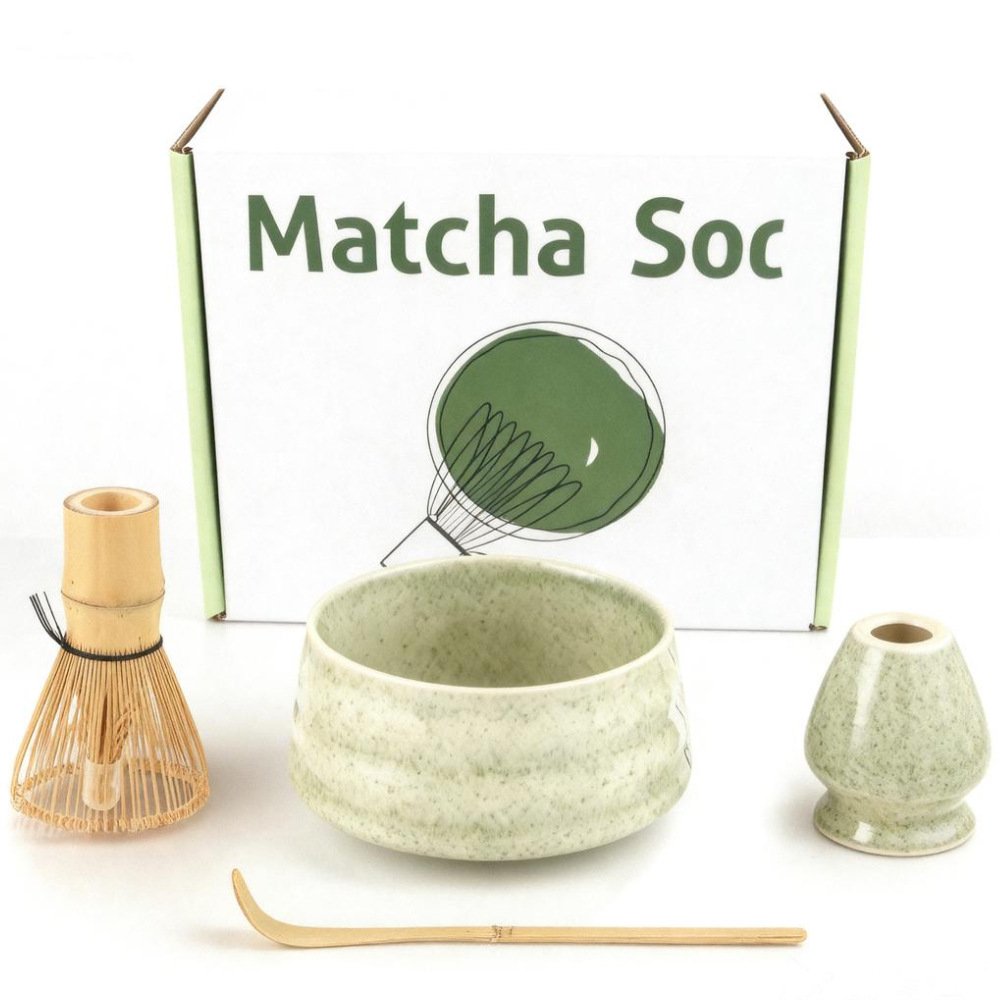 V888-ELOSUNG39601-202511071050-00 Matcha Color Ceremony 4-Piece Matcha Ceramic Tool Set - Gift Box with Whisk (Chasen), Whisk Holder (Chasen Kuse-Naoshi), Bowl, and Scoop - Image 1