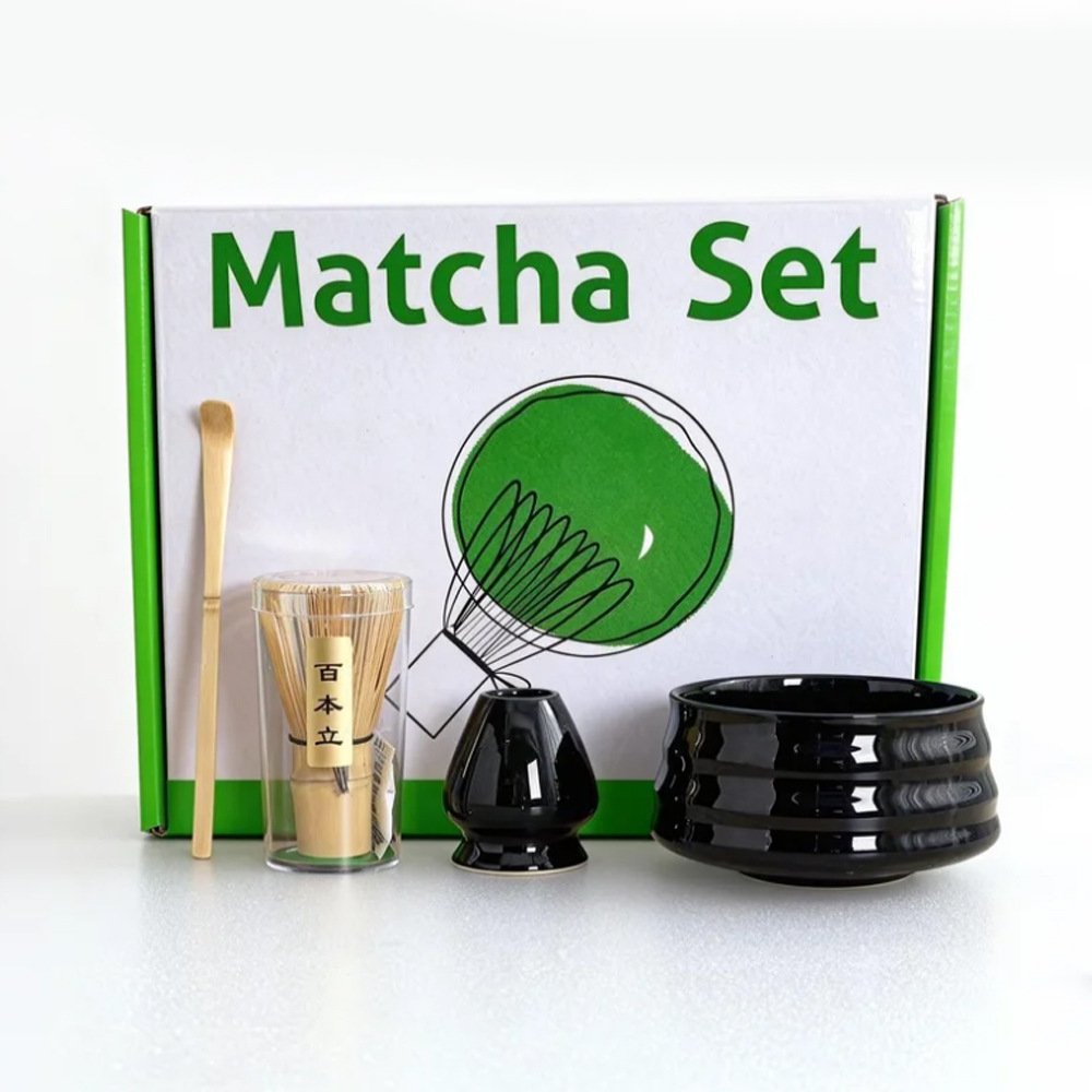 V888-ELOSUNG39603-202511071050-00 Black Ceremony 4-Piece Matcha Ceramic Tool Set - Gift Box with Whisk (Chasen), Whisk Holder (Chasen Kuse-Naoshi), Bowl, and Scoop - Image 1