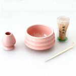 Pink Ceremony 4-Piece Matcha Ceramic Tool Set - Gift Box with Whisk (Chasen), Whisk Holder (Chasen Kuse-Naoshi), Bowl, and Scoop