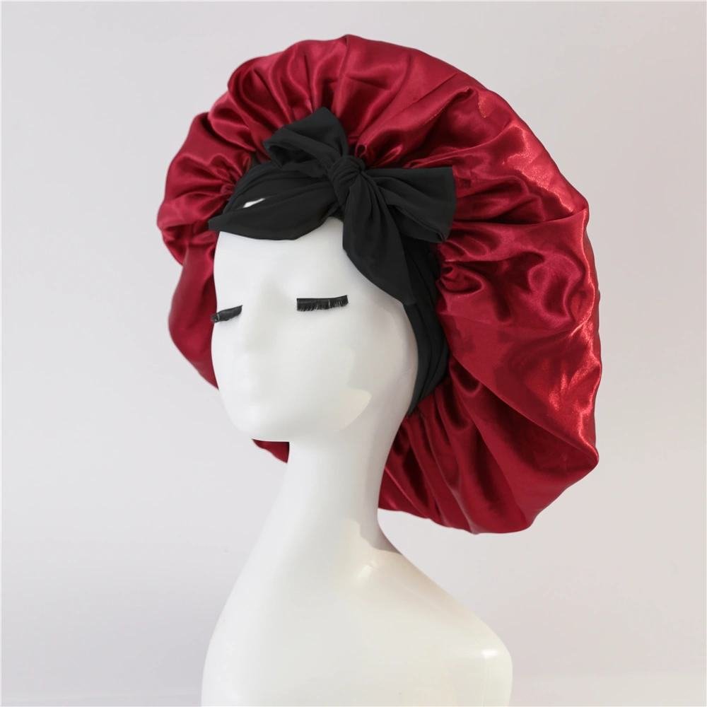 V888-ELOSUNG39622-202511101746-00 2-Pack Wine Red Satin Bonnet with Wide Band and Bow Tie - Hair Care Sleep Cap and Turban for Women - Image 1
