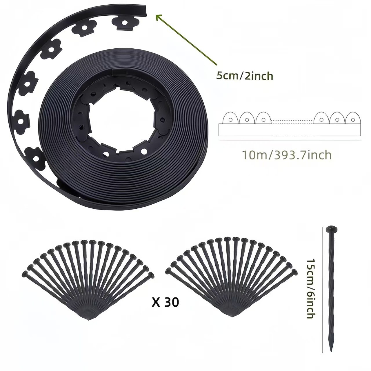 V888-ELOSUNG39911-202511241110-00 Black L-Shape PE Landscape Edging Roll Kit (5CM Height x 10M Long) - Anti-Root Lawn & Garden Divider with 30 Ground Stakes - Image 1