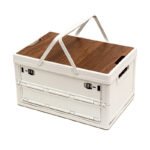 White Collapsible Medium Side-Open Handle Storage Box with Wooden Table Top(42x28x23CM) - Car Trunk Organiser for Australian Camping & Home Use