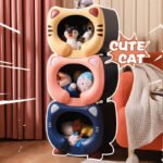 Blue Cute Cat-Themed Stackable Storage Bin - Multi-purpose Pet Bed & Toy Organizer - Image 2