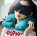2-PCS Rose red Inflatable Travel Neck Pillow Press to Inflate U-Shape Soft Flocking Support Cushion for Airplane Car & Camping Portable Air Pump Design - Image 3