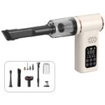 Beige 4-in-1 Car Vacuum Cleaner and Tyre Inflator Portable Cordless Air Pump with LED Light and Digital Pressure Gauge