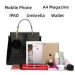 Black Patent PU Leather Crocodile Embossed Shell Bag(30 x 11 x 26 CM) with Floral Pendant - Image 4