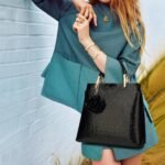 Black Patent PU Leather Crocodile Embossed Shell Bag(30 x 11 x 26 CM) with Floral Pendant - Image 7