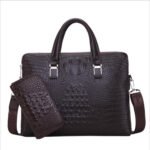 Brown Men's Luxury Crocodile Embossed PU Leather Briefcase(39 x 8 x 28 CM) With FREE Crocodile Wallet - Dual-Zip Business Shoulder/Crossbody Laptop Bag (Fits 14-inch)