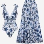 M Size Blue Print Women's Sexy One-Piece Swimsuit Set With Matching Long Dress  - European/American Style Bikini with Built-in Pads