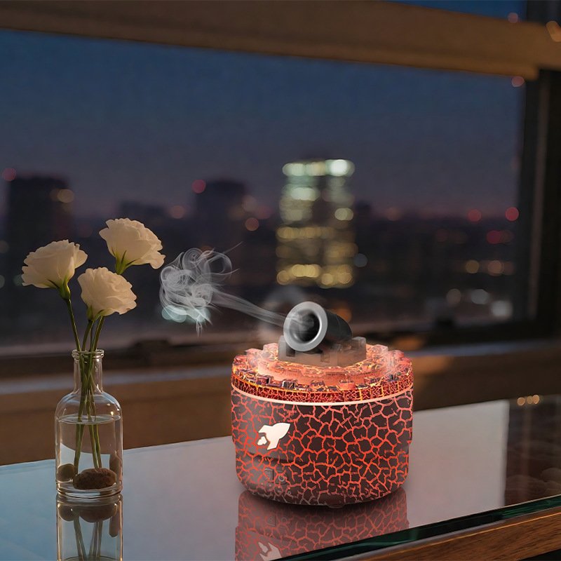 V888-ELOSUNG42139-202512050706-00 176 Black Simulation Turret Diffuser & Humidifier - Smart Timer Ultrasonic Mister with Volcano Lava Crack Shell and Colorful Light - Image 1