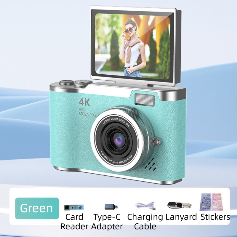 V888-ELOSUNG42186-202512050701-00 Green 4K Compact Digital CCD Camera for Vlogging & Students - Portable Point and Shoot with 2.4-inch Rotating Screen, 8X Optical Zoom, and Anti-Shake - Image 1