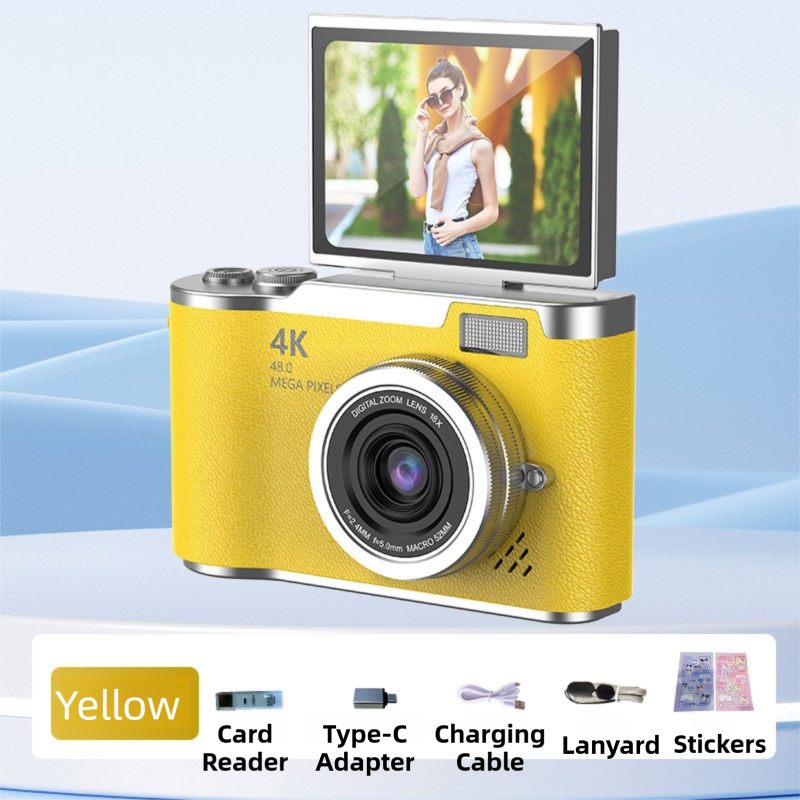 V888-ELOSUNG42187-202512050702-00 Yellow 4K Compact Digital CCD Camera for Vlogging & Students - Portable Point and Shoot with 2.4-inch Rotating Screen, 8X Optical Zoom, and Anti-Shake - Image 1