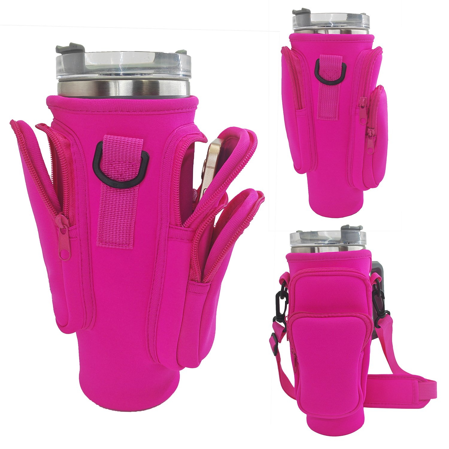 V888-ELOSUNG42410-202512171030-00 40oz Rose Red Insulated Tumbler Carrier Sleeve with Adjustable Shoulder Strap - Neoprene Triple-Pocket Holder for Outdoor and Car Use - Image 1