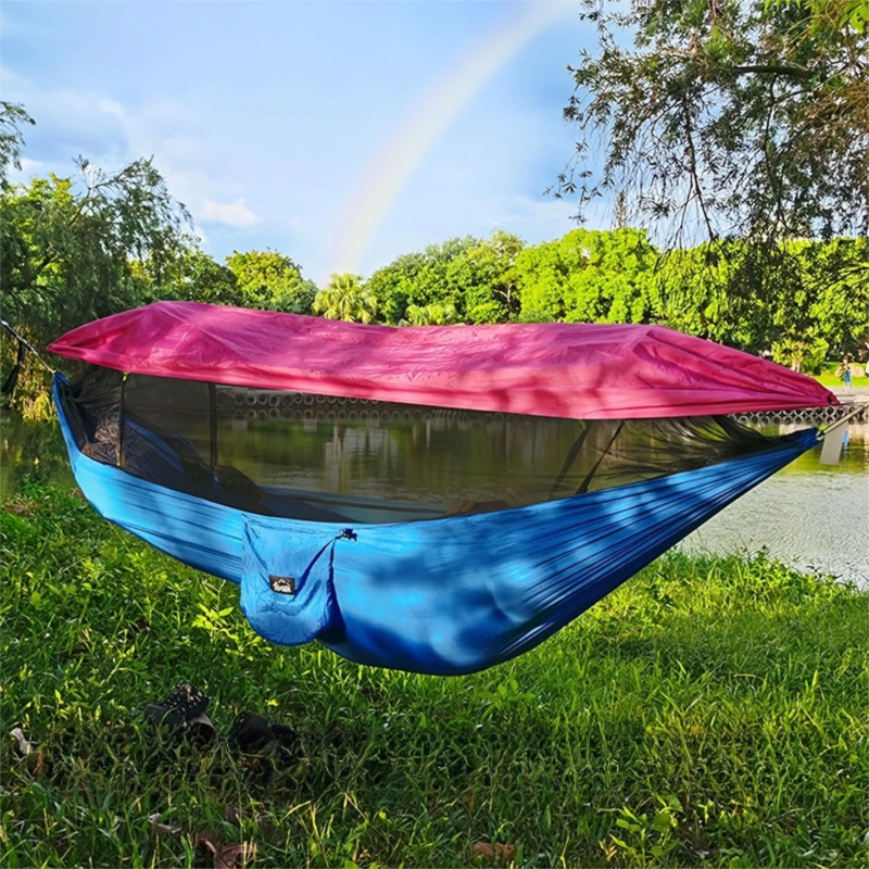 V888-ELOSUNG42457-202512311206-00 290 x 140CM Professional Nylon Hammock with Integrated Mosquito Net & Sunshade - 2-Person Anti-Rollover Camping Swing with Heavy-Duty Installation Kit (Blue Pink) - Image 1