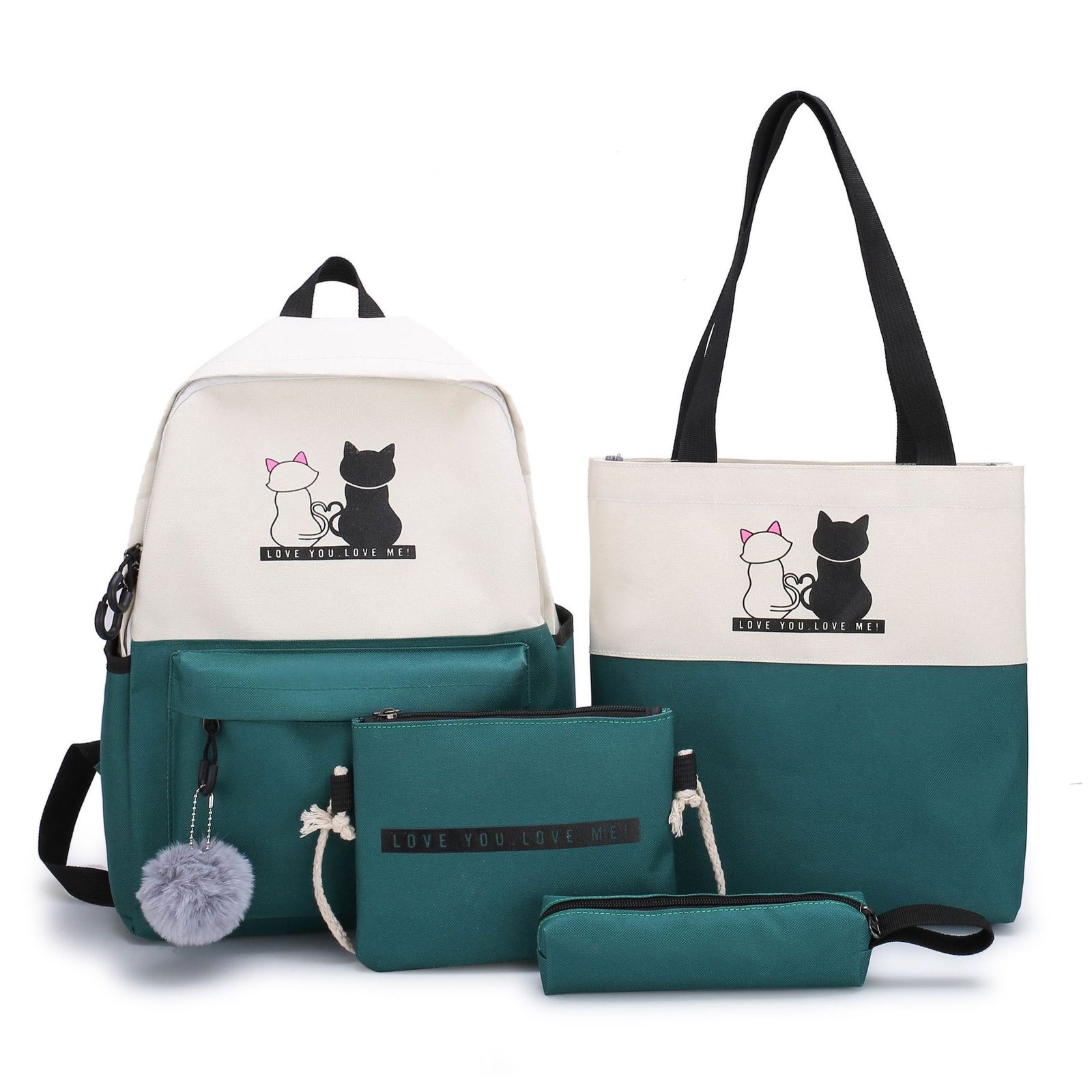 V888-ELOSUNG42587-202601050921-00 4-Piece Green Student Backpack Set with Cat Print - Durable Canvas School Bag Combo - Includes Backpack, Tote Bag, Crossbody Bag & Pencil Case - Image 1