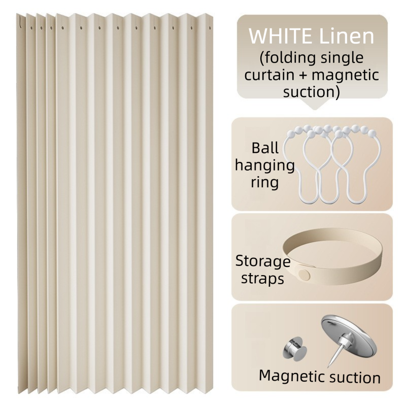 V888-ELOSUNG42728-202601051110-00 120 X 180 CM White Linen-Look Dust Drill-Free Pull-Curtain - Folding Doorless Closet Divider with Magnetic Closure & Hanging Rings - Image 1