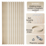 150 X 180 CM Khaki Linen-Look Dust Drill-Free Pull-Curtain - Folding Doorless Closet Divider with Magnetic Closure & Hanging Rings