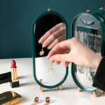 Green 4-Layer Retractable Screen-Style Jewelry Display Stand With Mirror Zone - Dust-Proof Necklace & Earring Organizer Case for Vanity - Image 2