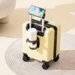 Yellow 14 Inch Lightweight Carry-on Luggage for heights over 1.6m - Underseat & Overhead Cabin Hardside Suitcase with Cup Holder & Phone Stand