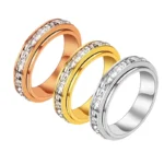 3-Piece Anxiety Spinner Meditation Bands Set - Full Zircon Inlaid Stainless Steel Rings for Stress Relief - US Size 10