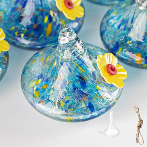 V888-ELOSUNG42822-202601081051-00 Outdoor Hand-Blown Glass Bird Feeder - Durable Weather-Proof Bird Waterer, Includes Funnel & Hanging Rope (Single - Light Blue Dot) - Image 1