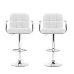 Artiss 2x Bar Stools Leather Gas Lift w/Armrest White - Image 3