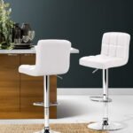 Artiss 2x Bar Stools Leather Gas Lift w/Armrest White - Image 7