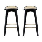 Artiss 2x Bar Stools Rattan Counter Kitchen Dinning Chair Bamboo Saddle Black - Image 3