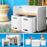 Keezi 3PCS Kids Table and Chairs Set Multifunctional Storage Desk White - Image 7