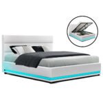Artiss Bed Frame Double Size LED Gas Lift White LUMI - Image 7
