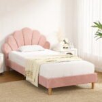 Artiss Bed Frame King Single Size Scallop-Shape Bedhead Beds Base Pink Velvet Fabric - Image 7