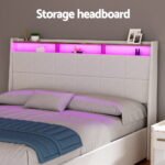 Artiss Bed Frame Gas Lift LED Beds Base Platform White PVC Leather Storage Headboard - Queen - Image 6