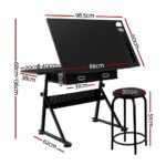 Artiss Drawing Desk Stool Set Drafting Table Adjustable Angle Tilt Drawers Black - Image 2