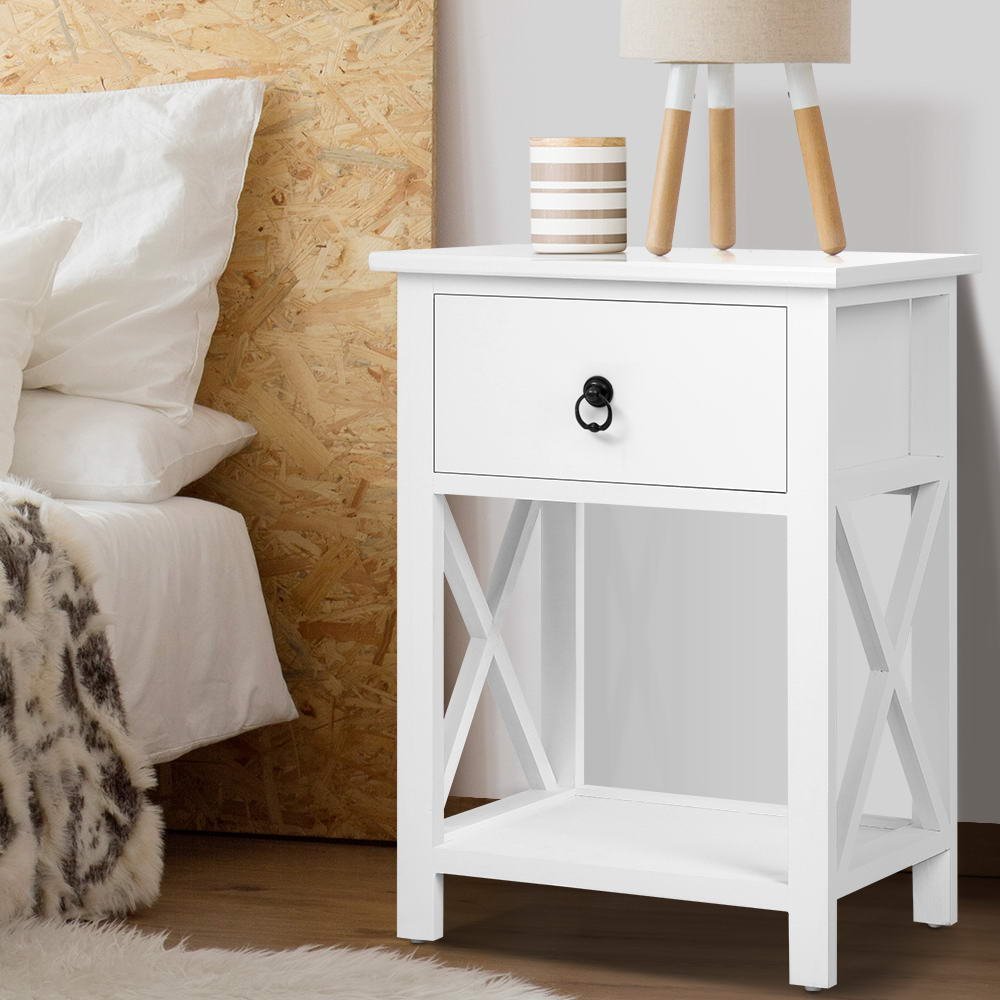 DRESS-D-BS-1DX2-202502281228-00.jpg Artiss 2 X Bedside Table 1 Drawer with Shelf - EMMA White - Image 1